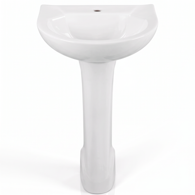 Lavatório branco com coluna, para composição de banheiro ou lavabo.