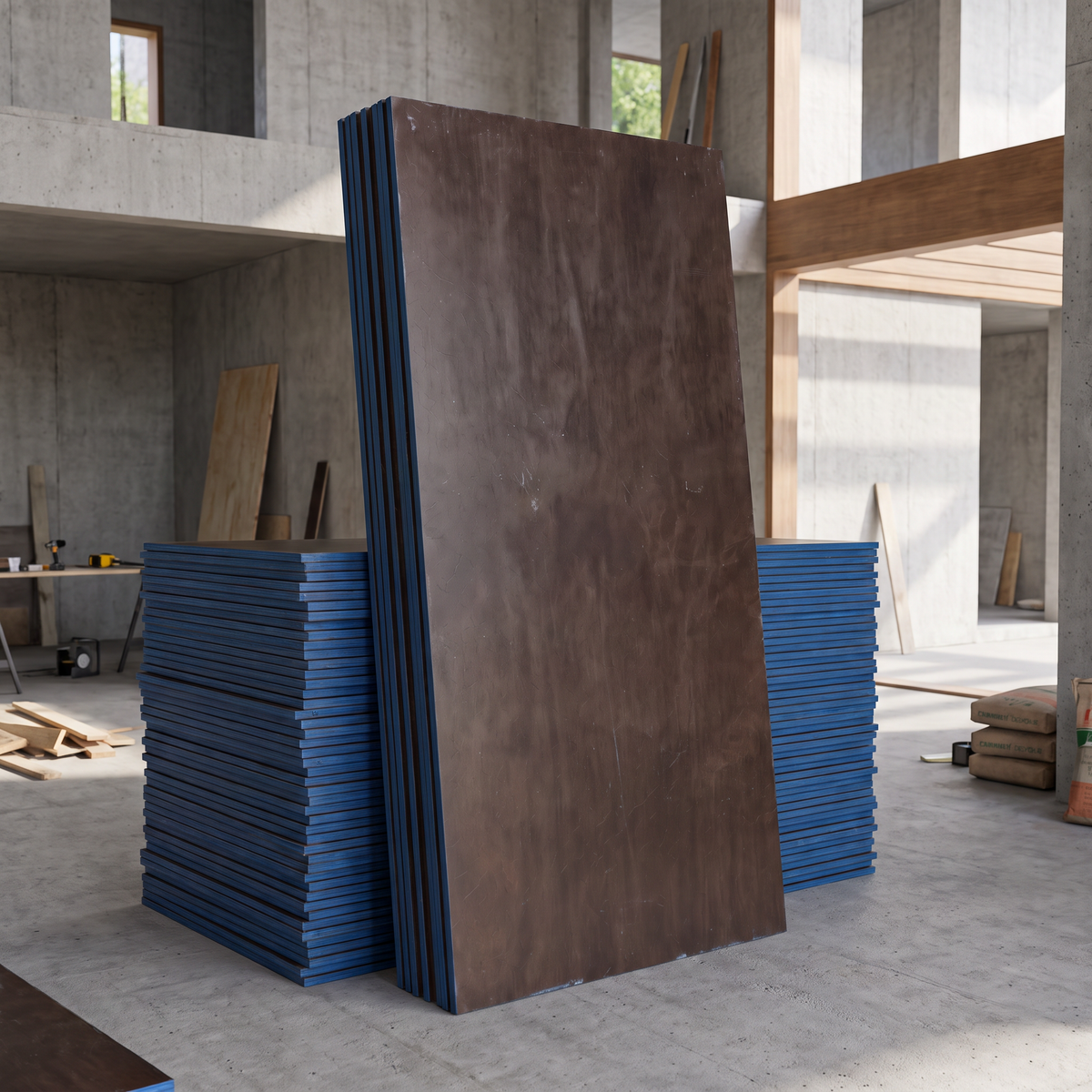 Madeirite comercial plastificado empilhado em canteiro de obra, preparado para formas de concreto.