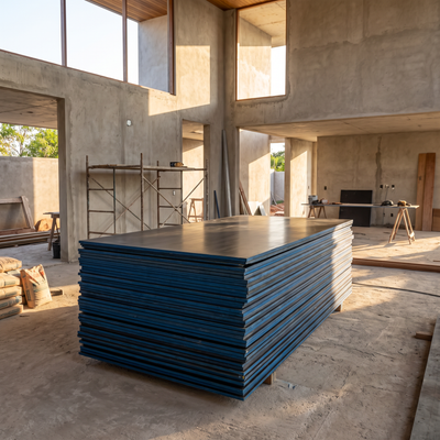 Madeirite plastificado 1ª linha empilhado em obra residencial, pronto para uso em formas de concreto.