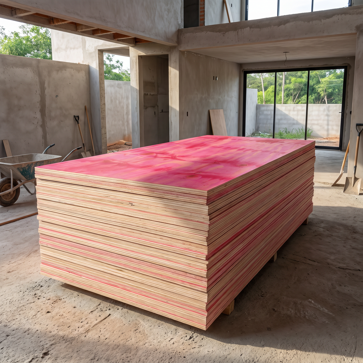 Madeirite resinado empilhado em obra, preparado para formas de concreto e serviços de construção civil.