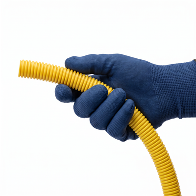 Conduíte flexível Plastilit amarelo da linha leve para percursos elétricos em paredes de alvenaria.