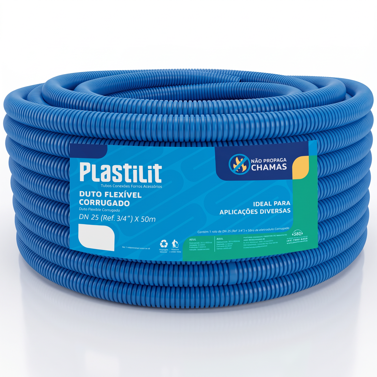 Mangueira conduíte corrugada Plastilit azul para instalação elétrica e passagem de fios.