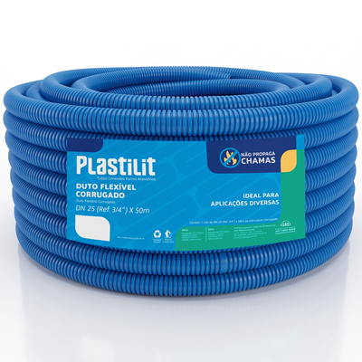 Mangueira conduíte corrugada Plastilit azul para instalação elétrica e passagem de fios.