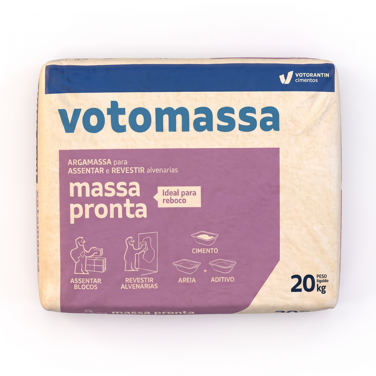 Massa pronta Votomassa cinza de 20 kg, argamassa para reboco, distinta da colante cerâmica.