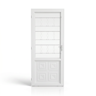 Porta externa de aço branco com caixilho reforçado e postigo, modelo 215 x 6,5 cm em vista frontal.