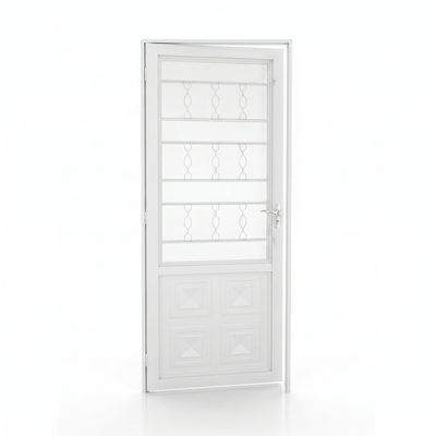 Estrutura da porta externa de aço branco com caixilho reforçado e postigo, destacando os elementos do modelo.