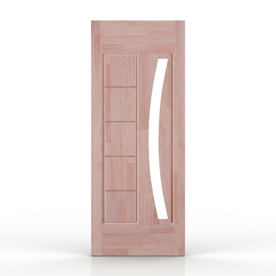 Porta externa de eucalipto fingado natural com abertura em arco para vidro Ref. 31, vista frontal.