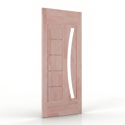 Porta externa de eucalipto fingado natural com abertura em arco para vidro Ref. 31, vista complementar.