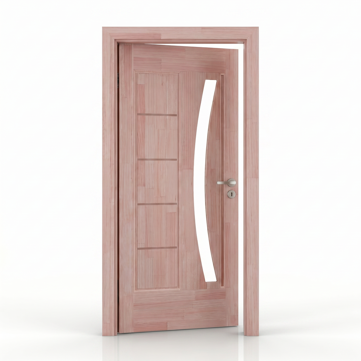 Porta externa de eucalipto fingado natural com abertura em arco para vidro Ref. 31, detalhe da estrutura.