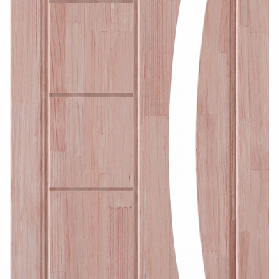 Porta externa de eucalipto fingado natural com abertura em arco para vidro Ref. 31, detalhe do acabamento.