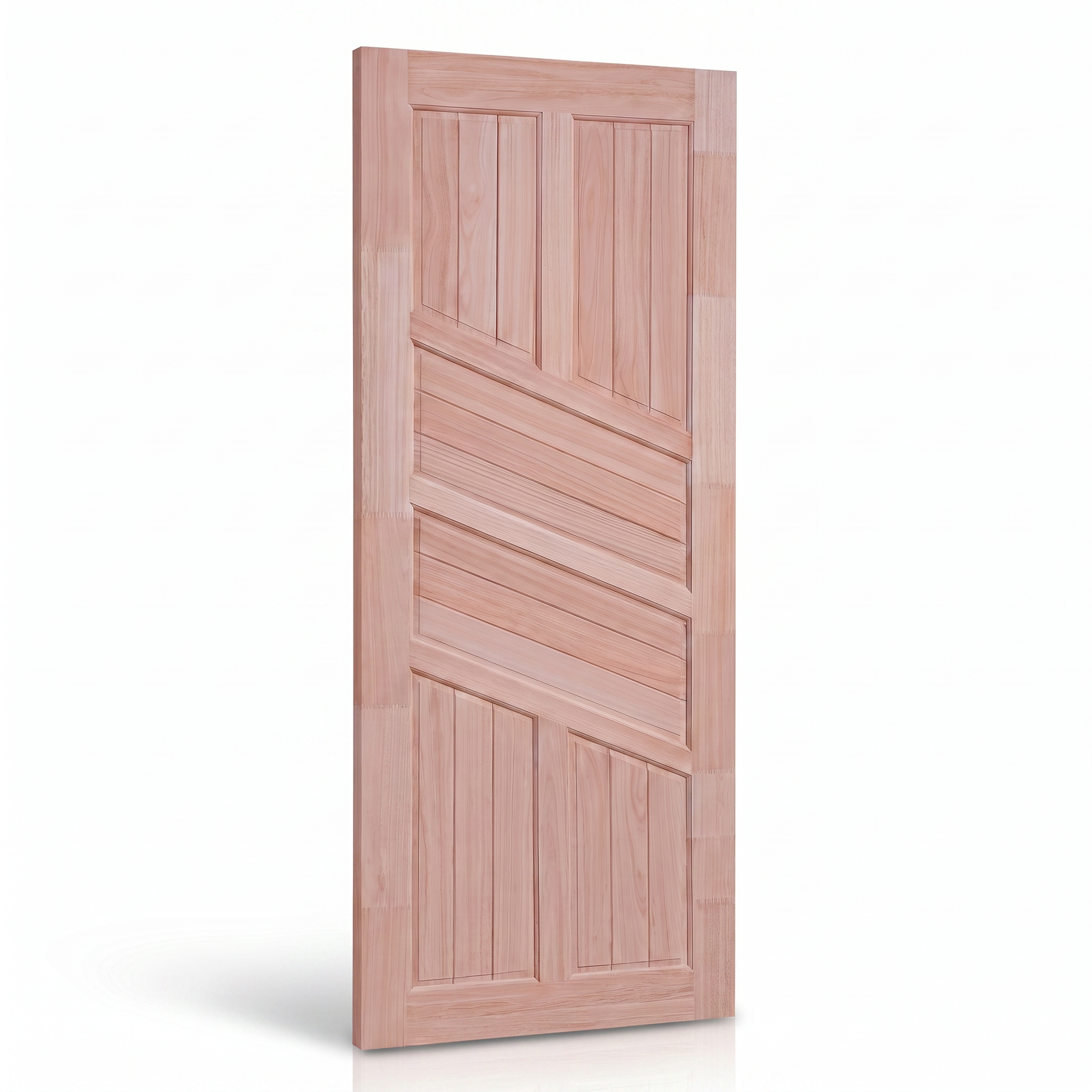 Detalhe da porta externa de Eucalipto Fingado natural Ref. 02, mostrando painéis e proporções