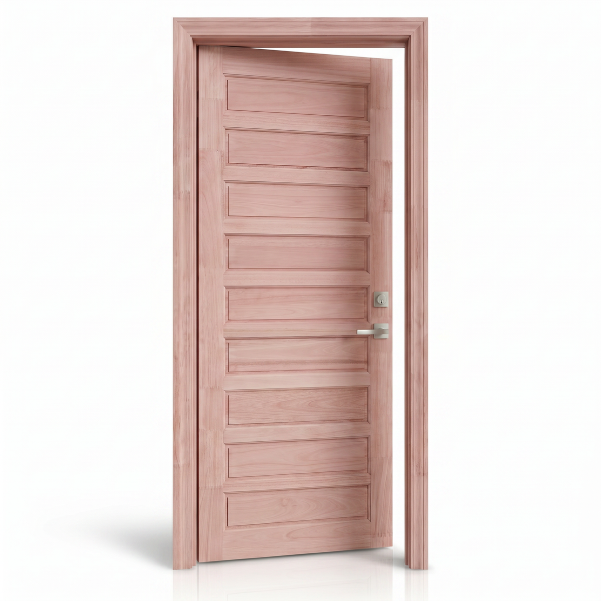 Estrutura da porta externa de eucalipto fingado natural Ref. 59, destacando a composição da folha.