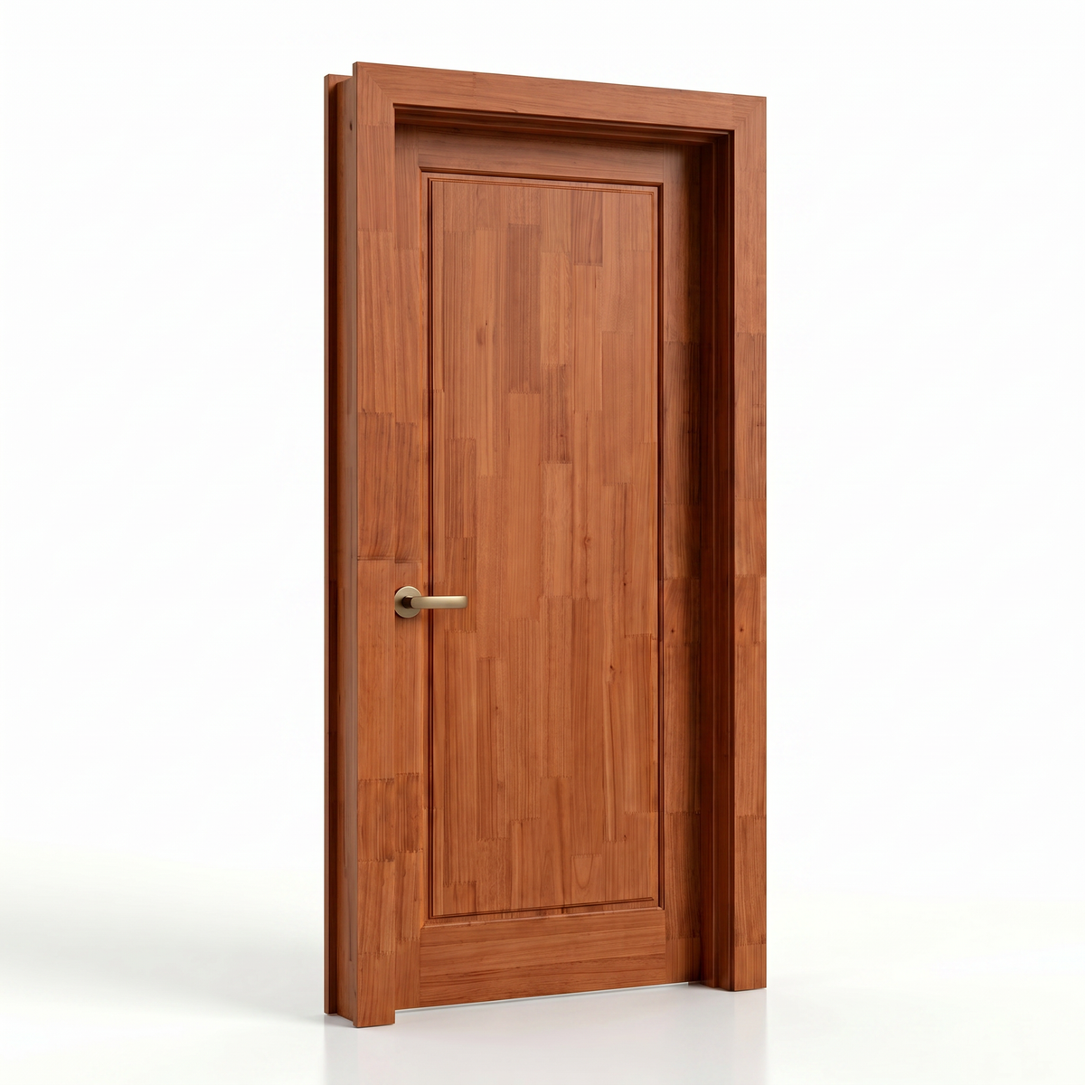 Estrutura da porta externa de eucalipto fingado com selador Ref. 51, destacando o desenho da folha.