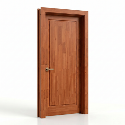 Estrutura da porta externa de eucalipto fingado com selador Ref. 51, destacando o desenho da folha.