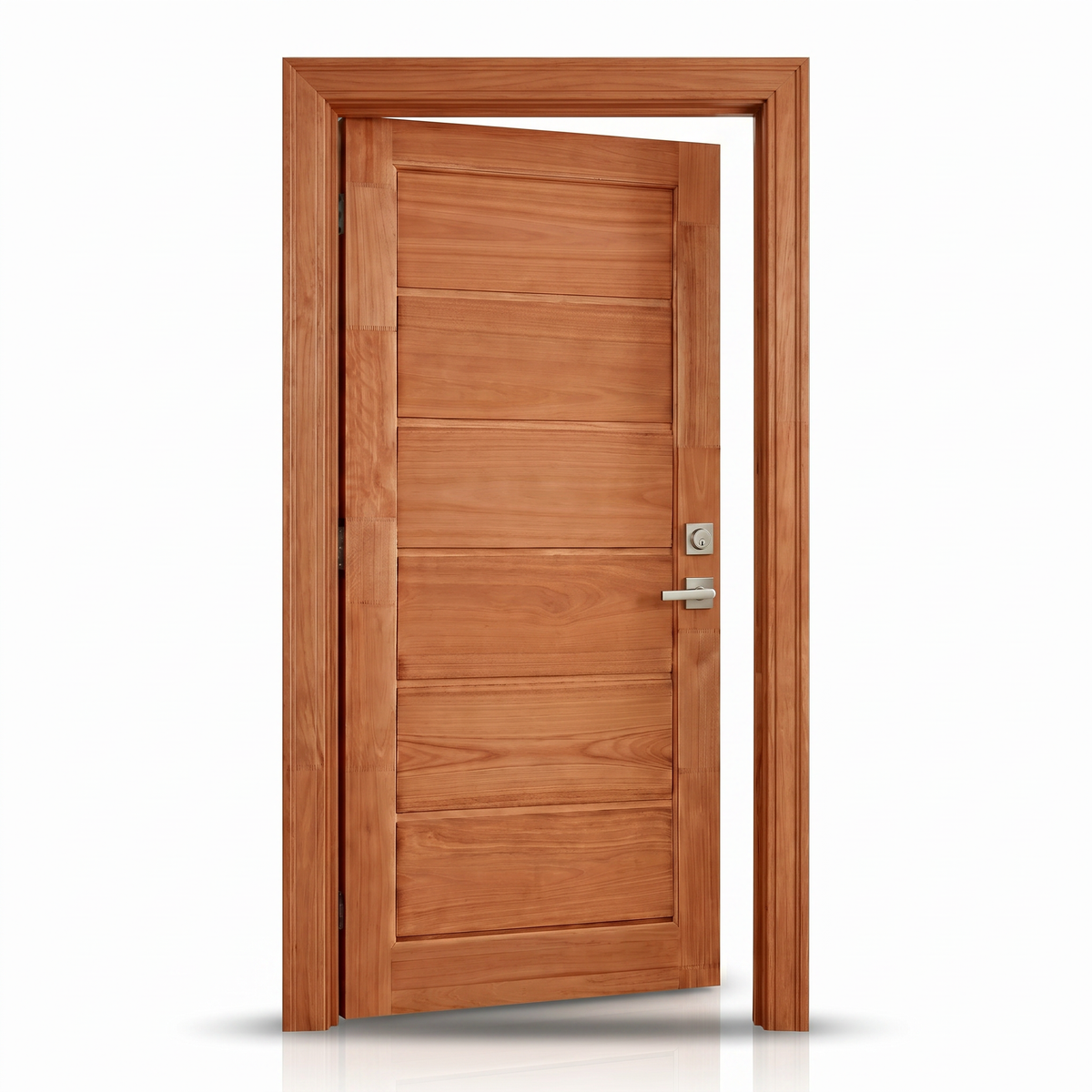 Estrutura da porta externa de eucalipto fingado com selador Ref. 54, destacando o desenho dos painéis.