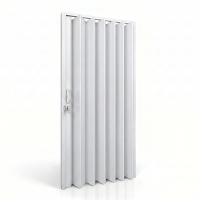 Porta sanfonada de PVC Branco Neve, detalhe das lâminas e sistema de fechamento.