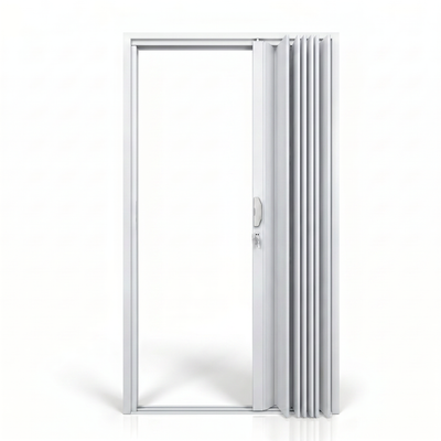 Porta interna sanfonada Polifort, detalhe da estrutura articulada em PVC branco.