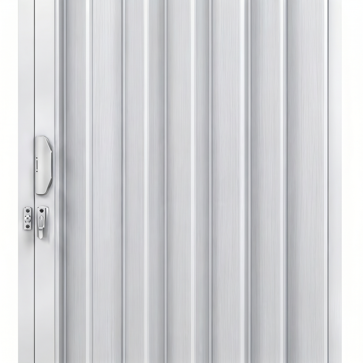 Porta sanfonada de PVC Branco Neve Polifort, detalhe do acabamento e superfície.