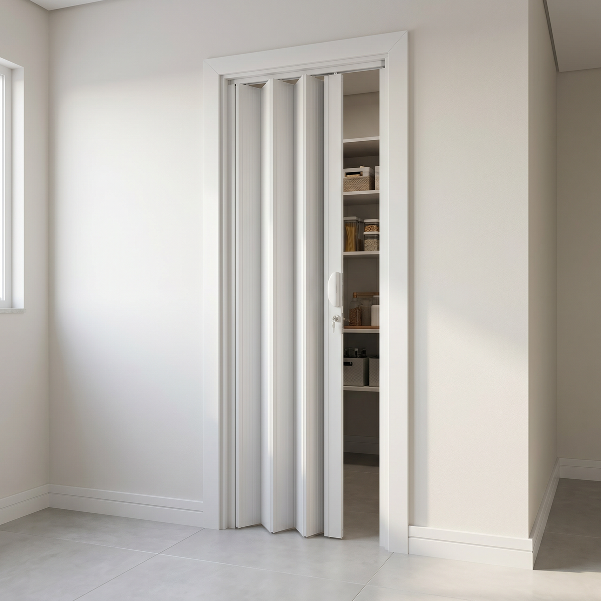 Porta interna sanfonada de PVC Polifort, vista complementar do modelo branco.