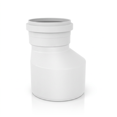 Redução excêntrica para esgoto Plastilit, para transição entre tubos de diâmetros diferentes.