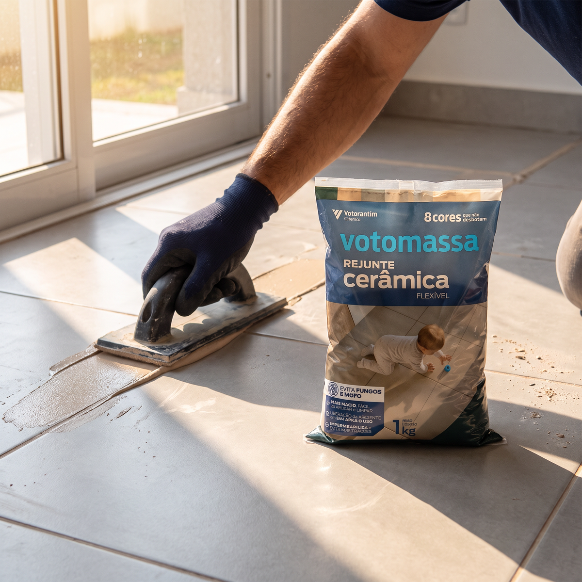 Rejunte Votomassa para cerâmica e porcelanato de 1 kg, indicado para juntas de 1 a 10 mm.