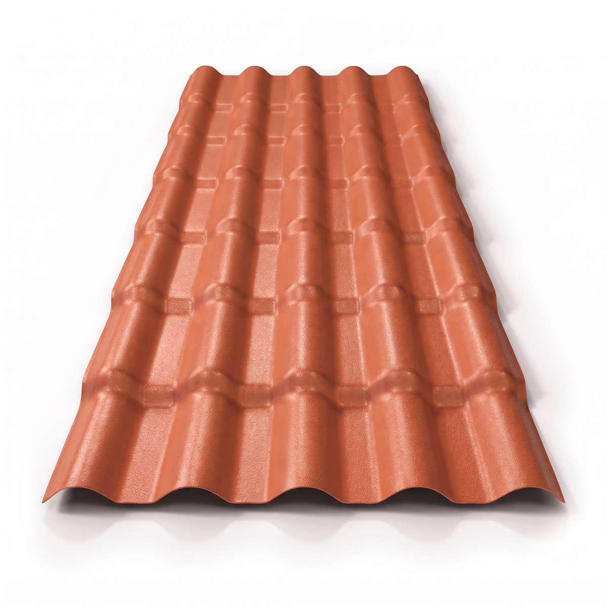 Telha PVC para cobertura em apresentação principal, com acabamento laranja terracota e perfil moldado da peça