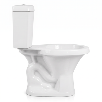 Vaso sanitário branco com caixa acoplada, oferta que reúne bacia e caixa de descarga.