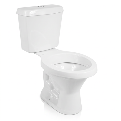 Vaso sanitário branco com caixa acoplada, conjunto de bacia e reservatório para banheiro.