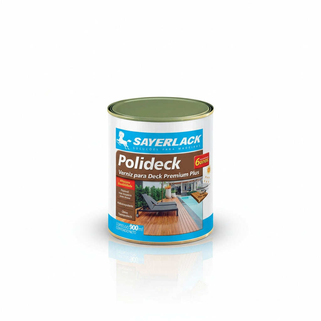 Embalagem do verniz Polideck natural semibrilho para manutenção e proteção de madeira externa